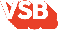 The image shows the letters "VSB" in bold white font with a thick red drop shadow against a light gray background.